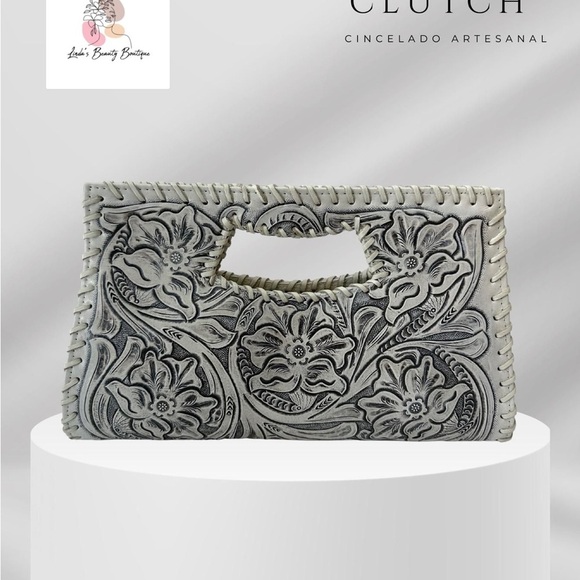 Hand-tooled Floral gray-white Clutch w adjustable strap Genuine leather (B) - Picture 1 of 9